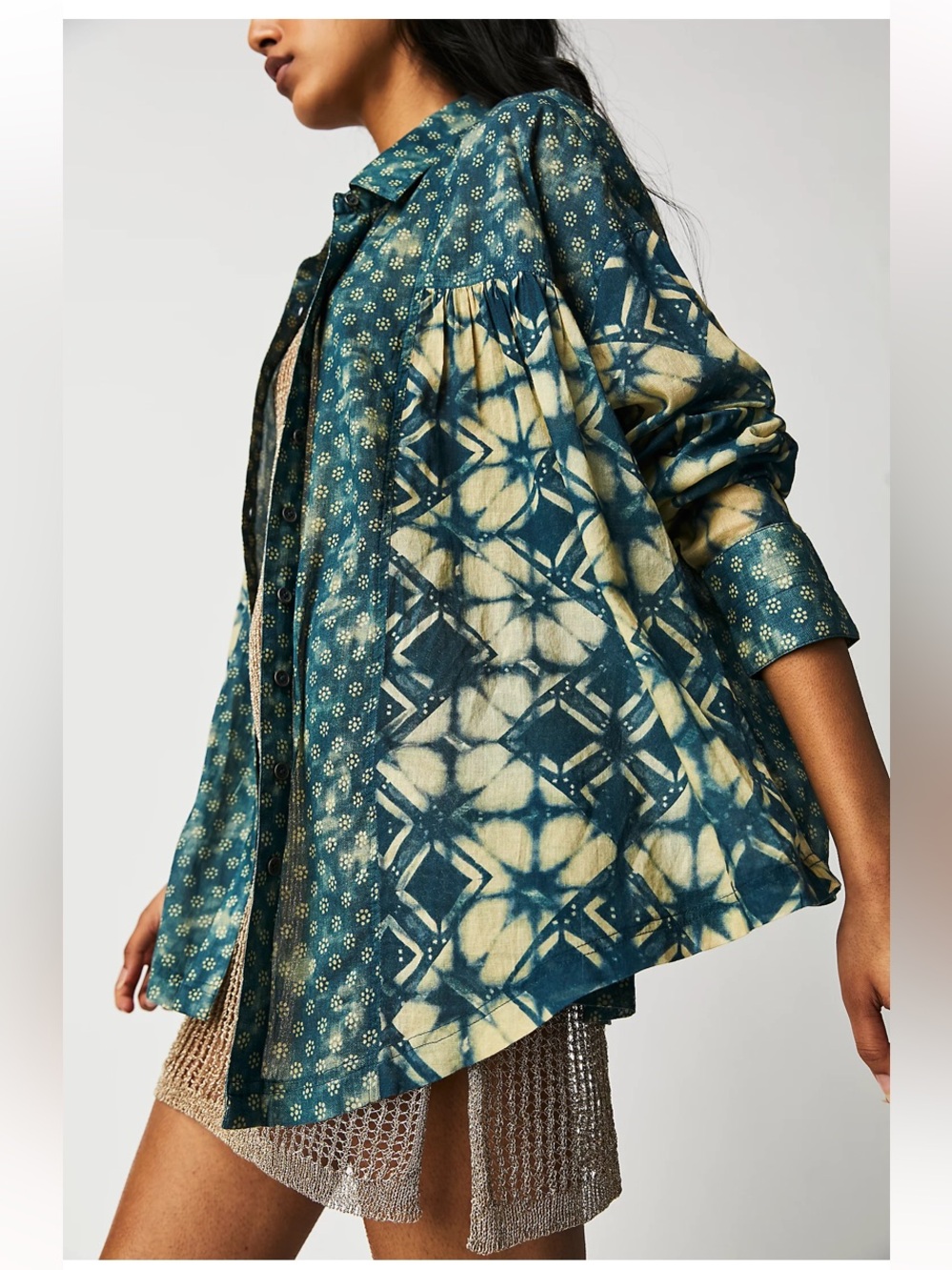 We The Free Indigo Sunshine Shirt XS Blue Boho Oversized Free People